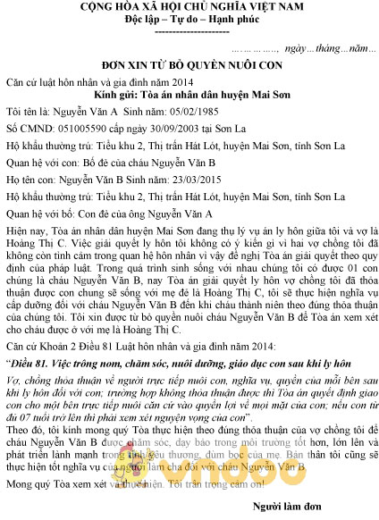 Mẫu đơn xin từ bỏ quyền nuôi con