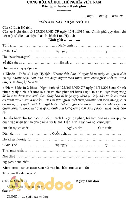 Mẫu đơn xin xác nhận báo tử