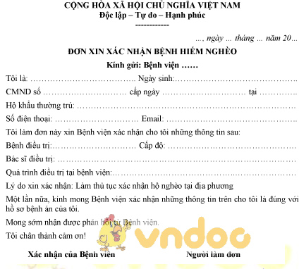 Mẫu đơn xin xác nhận bệnh hiểm nghèo