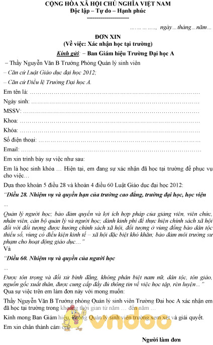 Mẫu đơn xin xác nhận học tại trường