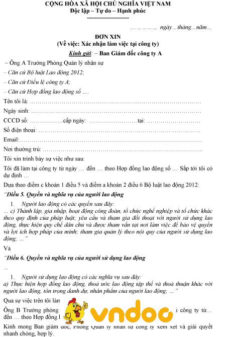 Mẫu đơn xin xác nhận làm việc tại công ty