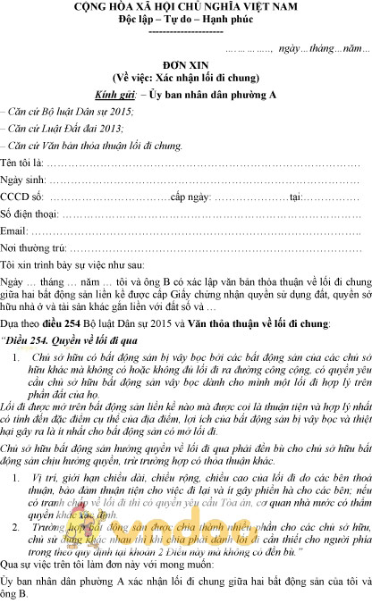 Mẫu đơn xin xác nhận lối đi chung