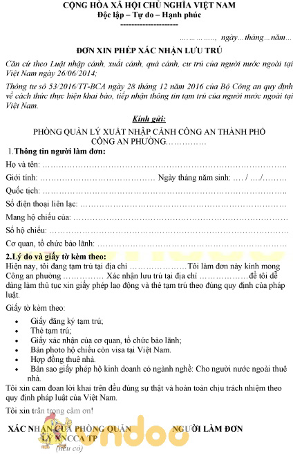 Mẫu đơn xin xác nhận lưu trú cho người nước ngoài