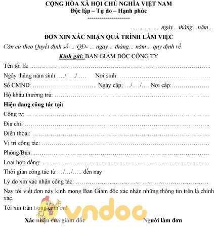 Mẫu đơn xin xác nhận quá trình làm việc