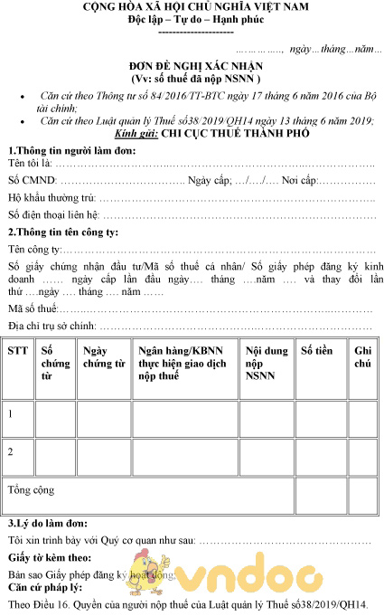 Mẫu đơn xin xác nhận số thuế đã nộp NSNN