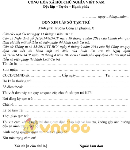 Mẫu đơn xin cấp sổ tạm trú