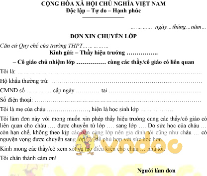 Mẫu đơn xin chuyển lớp cấp 3