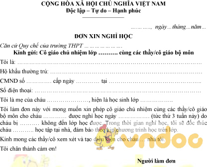 Mẫu đơn xin nghỉ học cấp 3