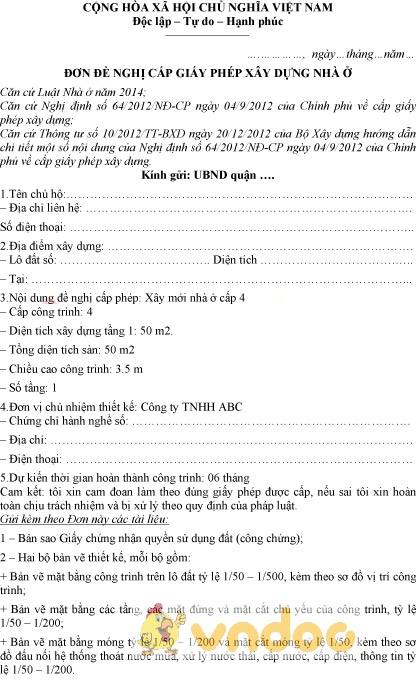 Mẫu đơn xin xây nhà cấp 4