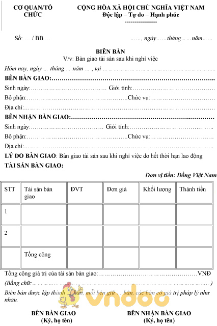 Mẫu biên bản bàn giao tài sản khi nghỉ việc