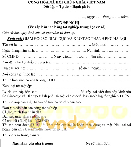 Mẫu đơn xin cấp bản sao bằng tốt nghiệp THCS