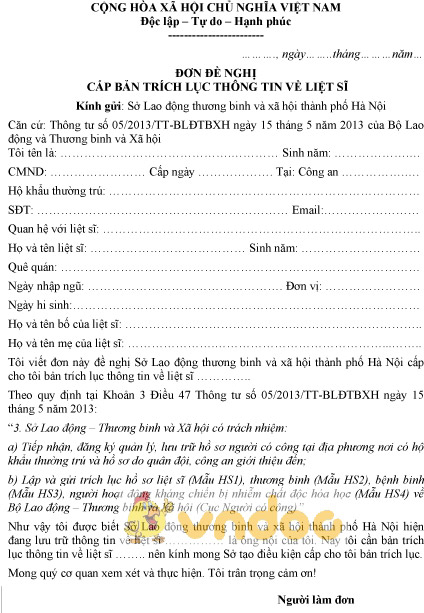 Mẫu đơn xin cấp bản trích lục thông tin về liệt sĩ