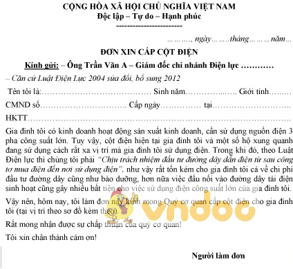 Mẫu đơn xin cấp cột điện