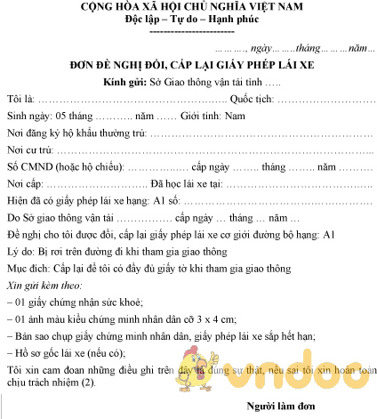 Mẫu đơn xin cấp lại bằng lái xe a1