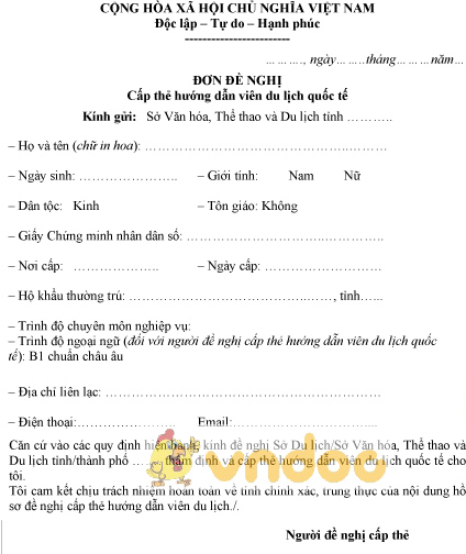 Mẫu đơn xin cấp thẻ hướng dẫn viên du lịch quốc tế