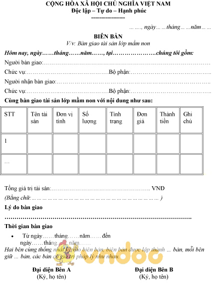 Mẫu biên bản bàn giao tài sản lớp mầm non