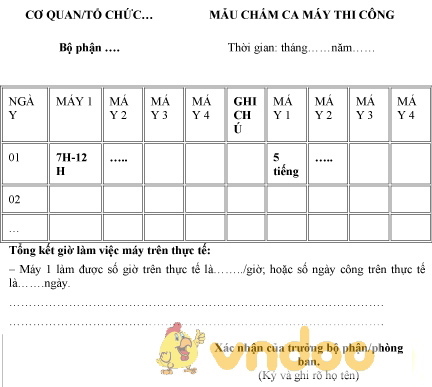 Mẫu chấm ca máy thi công