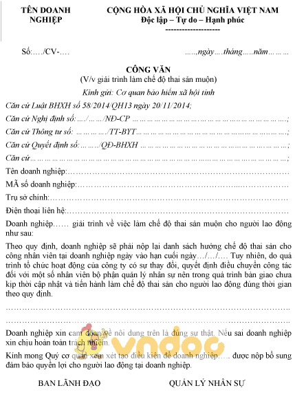 Mẫu công văn giải trình làm chế độ thai sản muộn