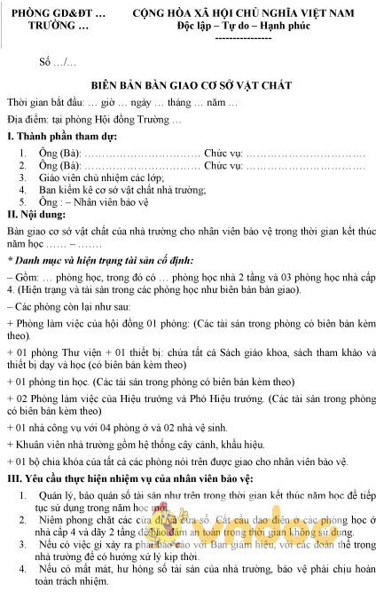 Mẫu biên bản bàn giao cơ sở vật chất cuối năm