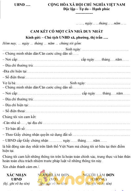 Mẫu cam kết có một căn nhà duy nhất