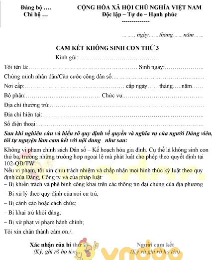 Mẫu cam kết không sinh con thứ 3
