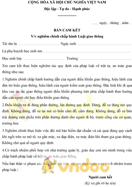 Mẫu bản cam kết của phụ huynh học sinh về việc nghiêm chỉnh chấp hành Luật giao thông