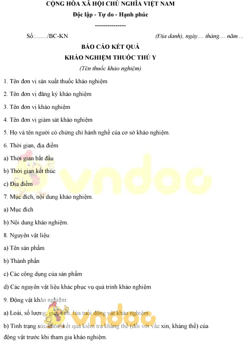 Mẫu báo cáo kết quả khảo nghiệm thuốc thú y