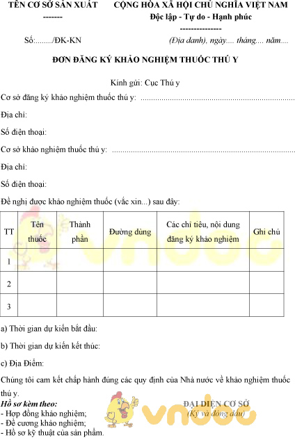 Mẫu đơn đăng ký khảo nghiệm thuốc thú y