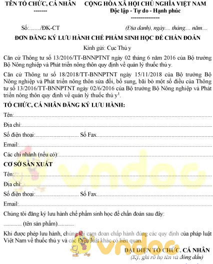 Mẫu đơn đăng ký lưu hành chế phẩm sinh học để chẩn đoán