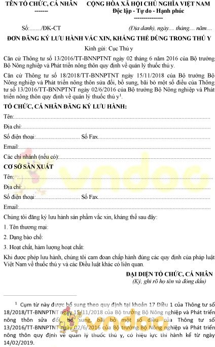 Mẫu đơn đăng ký lưu hành vắc xin, kháng thể dùng trong thú y