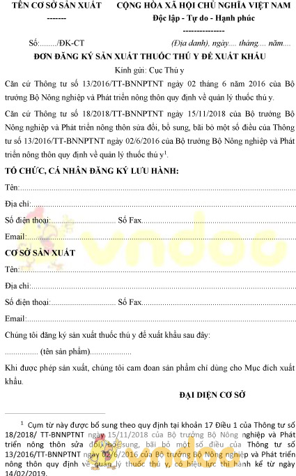 Mẫu đơn đăng ký sản xuất thuốc thú y để xuất khẩu