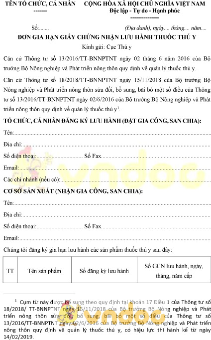 Mẫu đơn gia hạn giấy chứng nhận lưu hành thuốc thú y