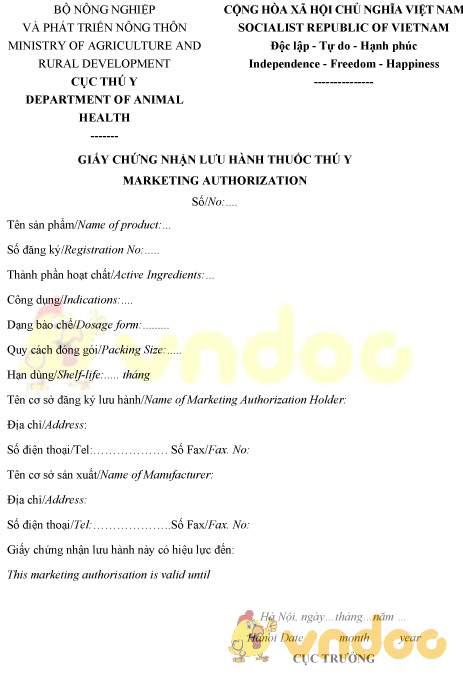 Mẫu giấy chứng nhận lưu hành thuốc thú y
