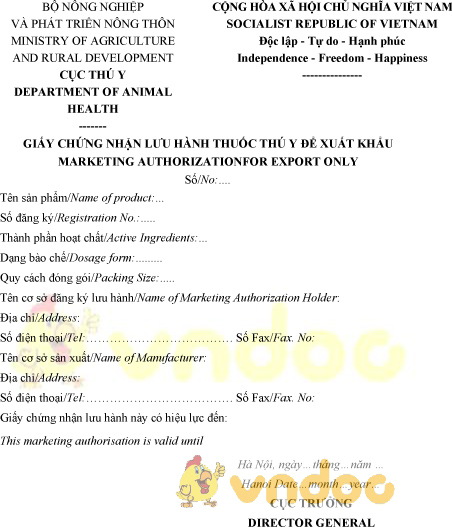Mẫu giấy chứng nhận lưu hành thuốc thú y để xuất khẩu