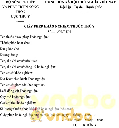 Mẫu giấy phép khảo nghiệm thuốc thú y