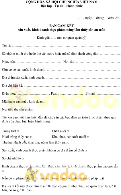 Mẫu bản cam kết sản xuất, kinh doanh thực phẩm nông lâm thủy sản an toàn