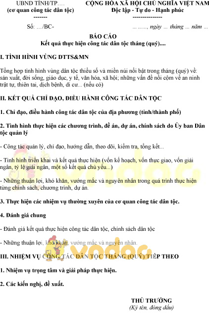 Mẫu báo cáo kết quả thực hiện công tác dân tộc theo tháng