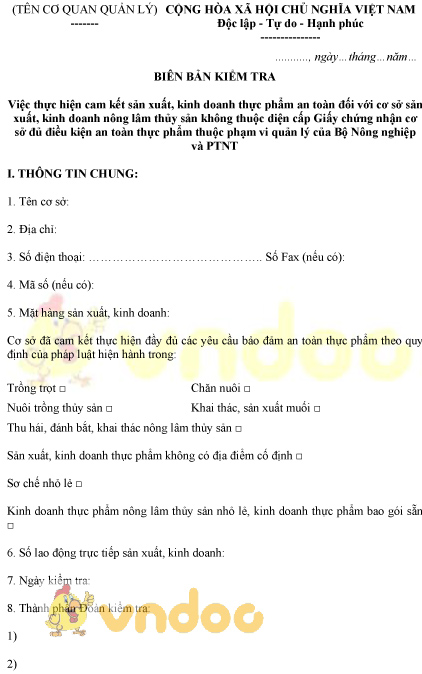 Mẫu biên bản kiểm tra việc thực hiện cam kết sản xuất, kinh doanh thực phẩm an toàn
