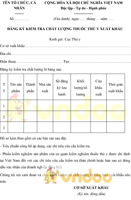 Mẫu đơn đăng ký kiểm tra chất lượng thuốc thú y xuất khẩu
