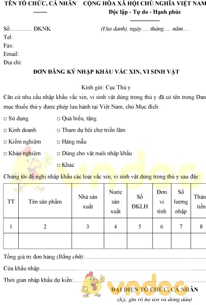 Mẫu đơn đăng ký nhập khẩu vắc xin, vi sinh vật