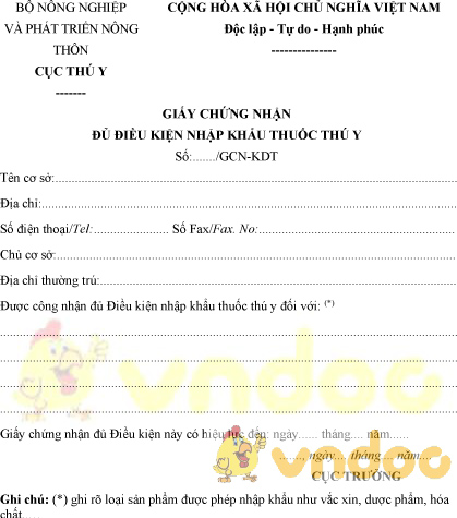 Mẫu giấy chứng nhận đủ điều kiện nhập khẩu thuốc thú y
