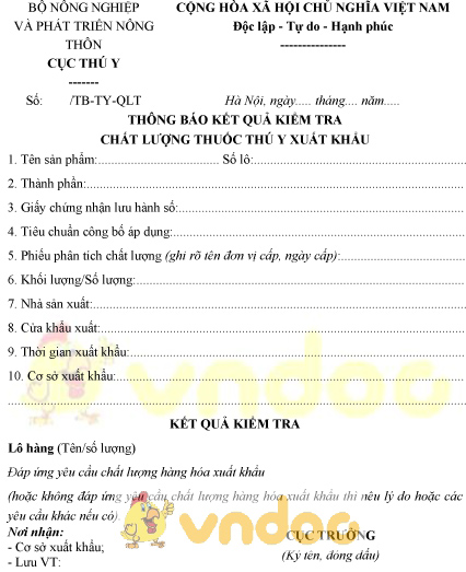 Mẫu thông báo kết quả kiểm tra chất lượng thuốc thú y xuất khẩu