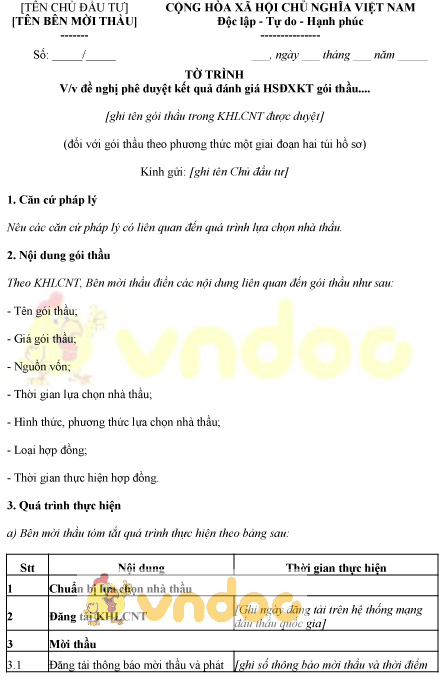 Mẫu tờ trình đề nghị phê duyệt kết quả đánh giá hồ sơ đề xuất về kỹ thuật gói thầu