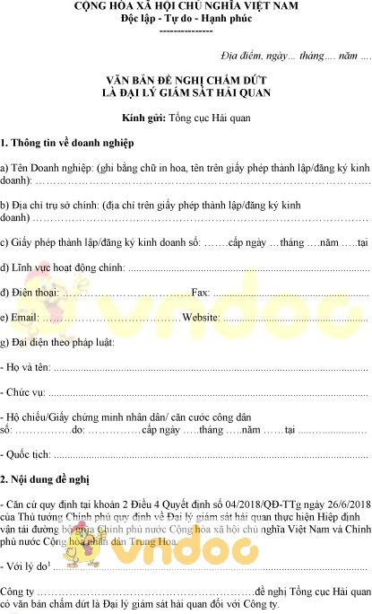 Mẫu văn bản đề nghị chấm dứt là đại lý giám sát hải quan