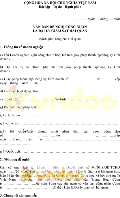 Mẫu văn bản đề nghị công nhận là đại lý giám sát hải quan