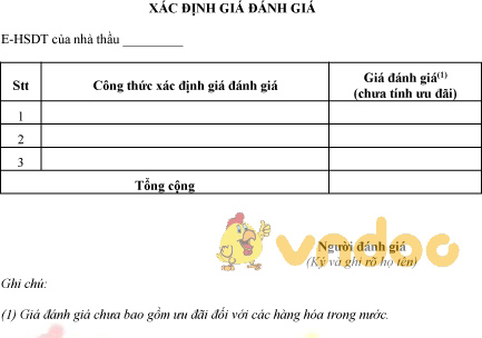 Mẫu xác định giá đánh giá hồ sơ dự thầu qua mạng