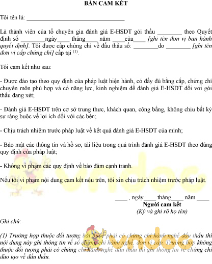 Bản cam kết của thành viên tổ chuyên gia đánh giá hồ sơ dự thầu