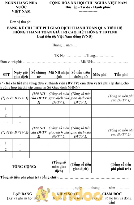 Mẫu bảng kê chi tiết phí giao dịch thanh toán qua tiểu hệ thống thanh toán giá trị cao