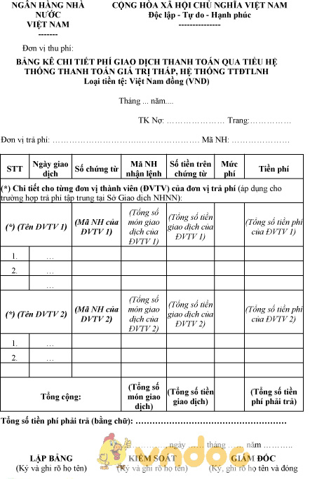Mẫu bảng kê chi tiết phí giao dịch thanh toán qua tiểu hệ thống thanh toán giá trị thấp