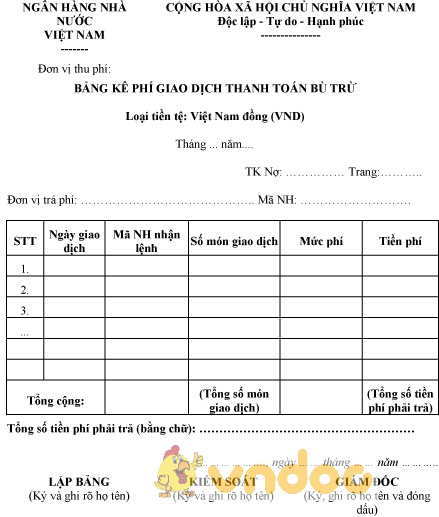 Mẫu bảng kê phí giao dịch thanh toán bù trừ